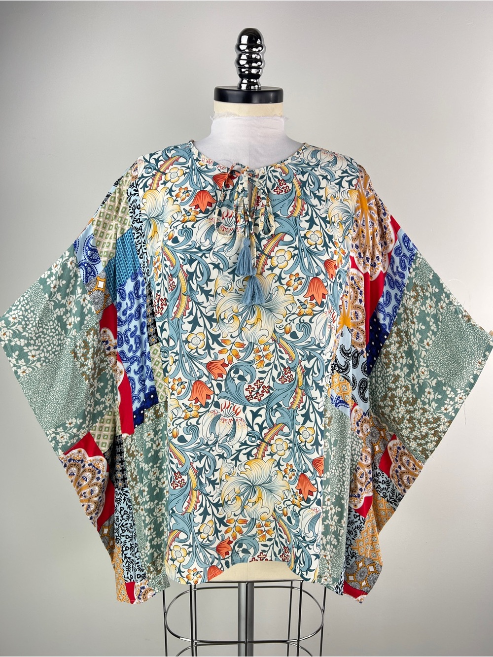 💚 3737. Boho Floral Patchwork Kimono Sleeve Top - Teal Multi